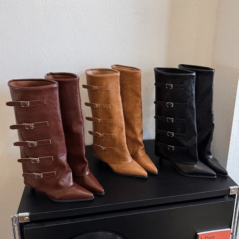 Leather Classic Strap - รองเท้าบูทหัวแหลมสำหรับผู้หญิง คอลเลคชั่นใหม่ ฤดูใบไม้ร่วง-ฤดูหนาว แฟชั่น PU อเนกประสงค์