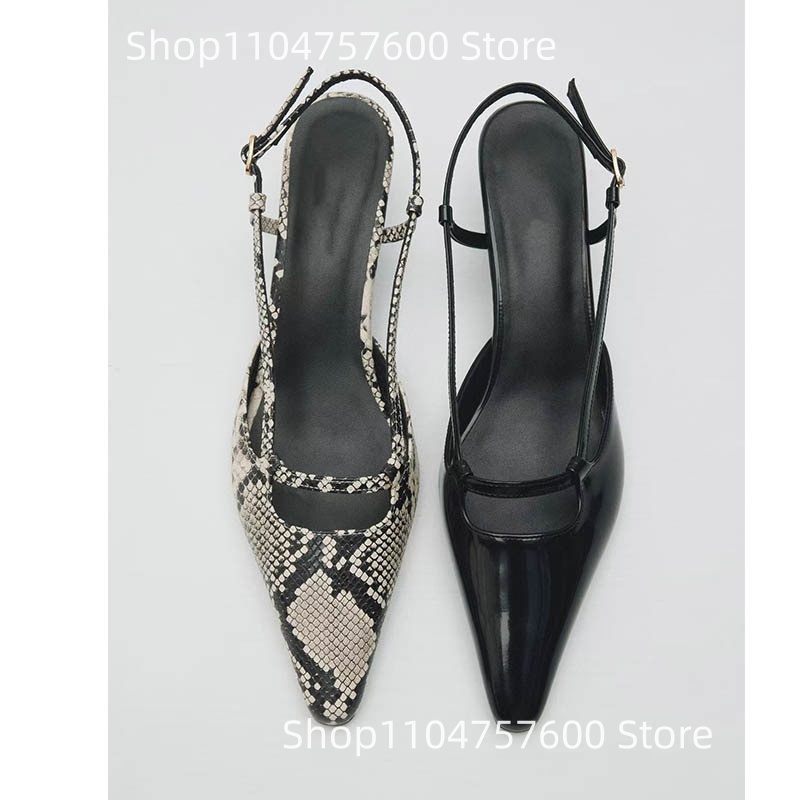Leather Classic Strap - รองเท้าส้นสูงแบบสลิงแบ็ค ปลายแหลม ส้นบาง ส้นสูง ลายพิมพ์ ดีไซน์คลาสสิก